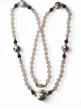 Vintage Rose Quartz, Glass & Chinese Export Cloisonné Beaded Necklace